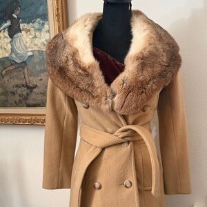 Elegant Tan Double-Breasted Coat with Rabbit Fur Collar